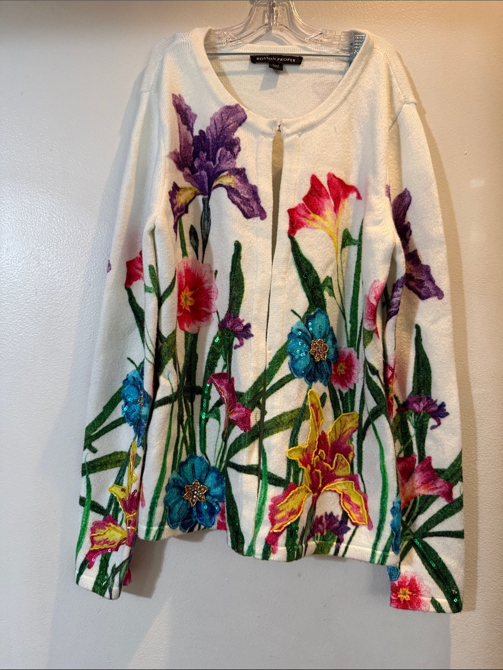 Boston Proper Vibrant Floral Embroidered Cardigan - White Base